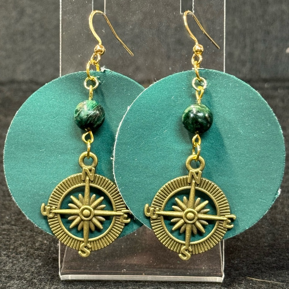 Gold and Green Compass Earrings
